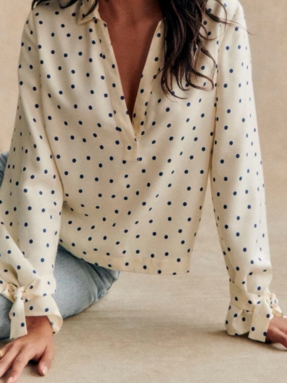 Sezane Addison Blouse - Navy Polka Dot on Ecru with tied sleeves